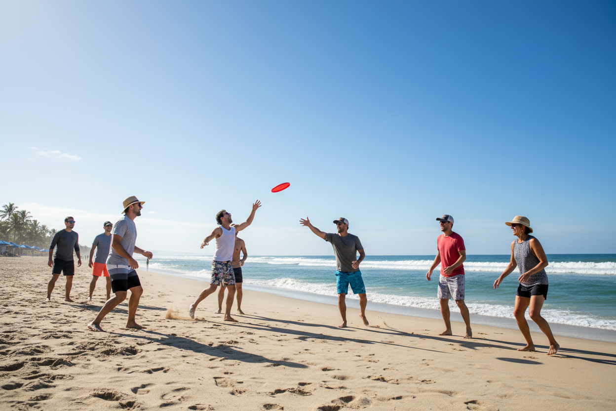 Adults playing frisbee at the beach