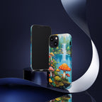 Coque de téléphone champignon avec scène de nature vibrante