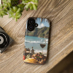 Festin gastronomique en bord de mer avec vue sur le vin, étui pour téléphone