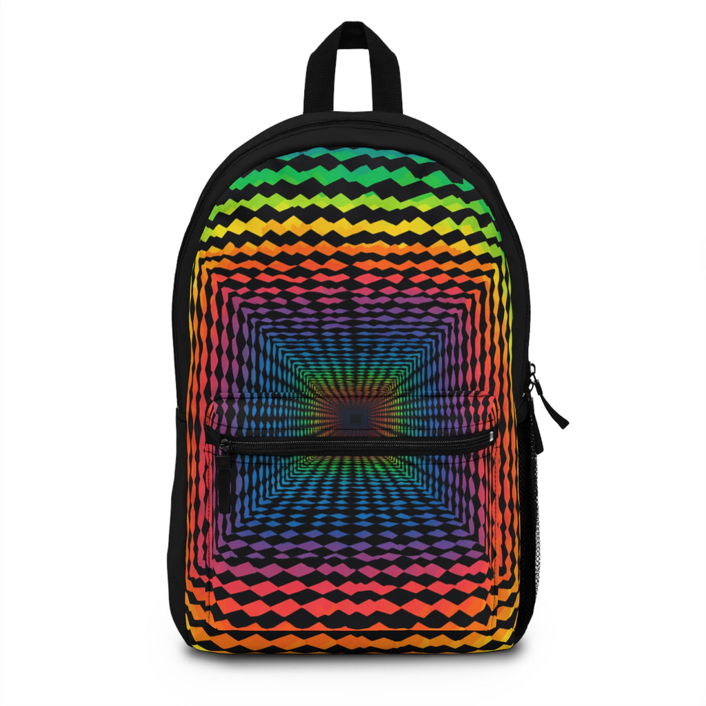 Rainbow Tunnel Optical Illusion Print, Black Backpack