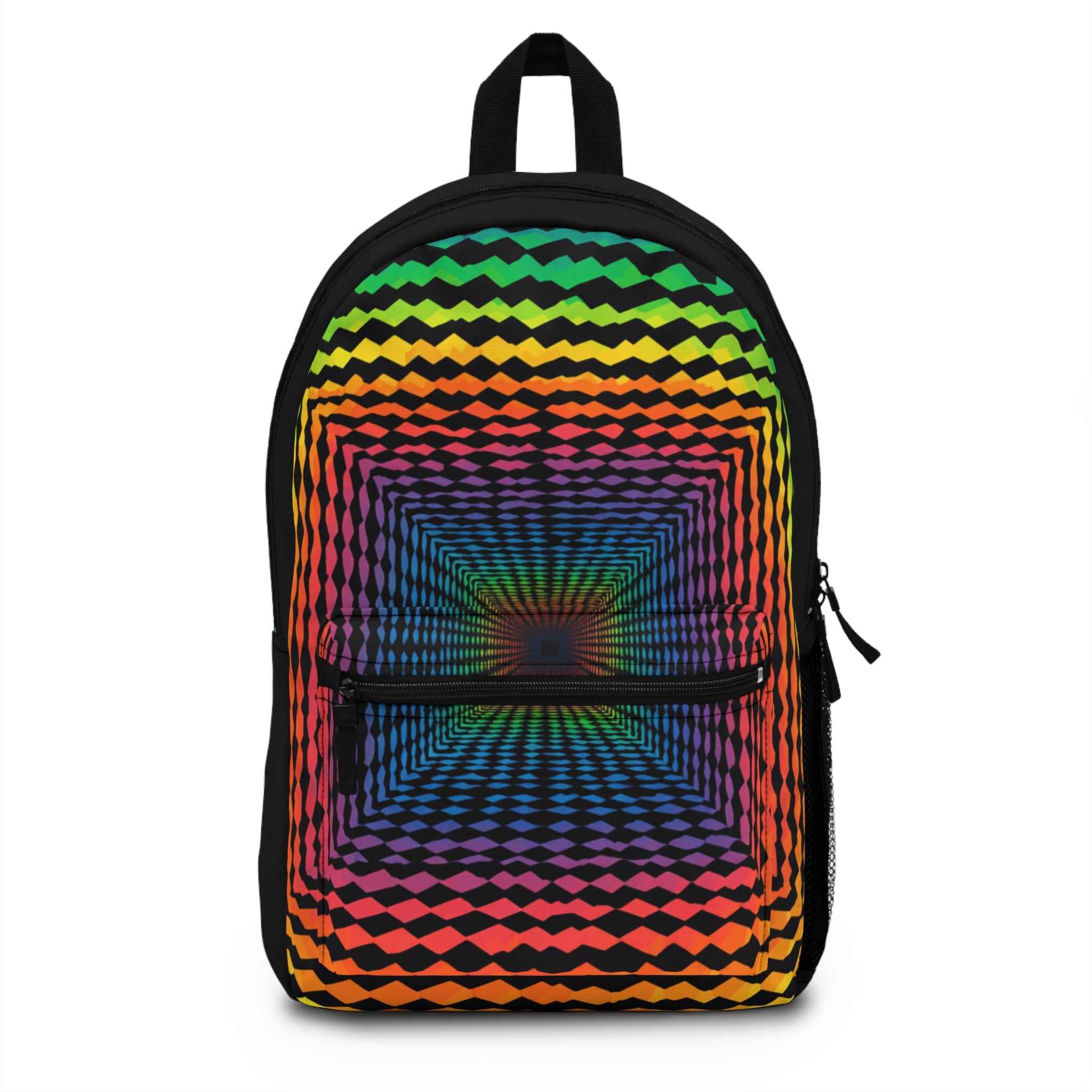 Rainbow Tunnel Optical Illusion Print, Black Backpack