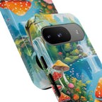 Coque de téléphone champignon avec scène de nature vibrante