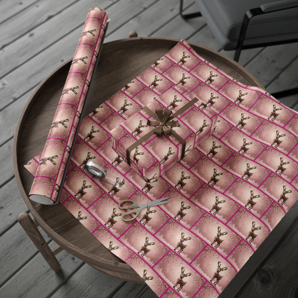 Pink Reindeer Holiday Scene, Christmas Gift Wrap Paper