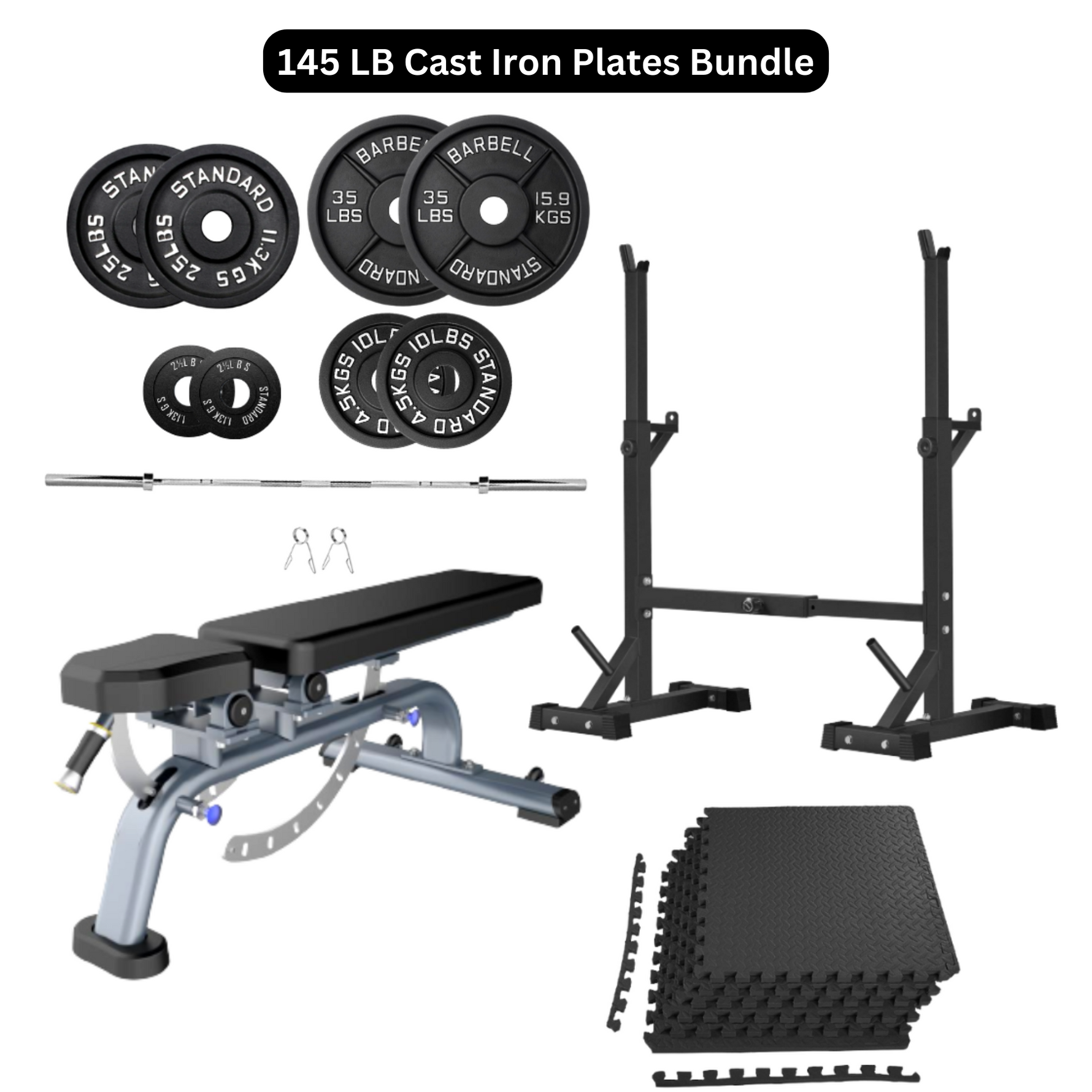 Bench Press Stack with Squat Rack, Weight Plates and Barbell Bar