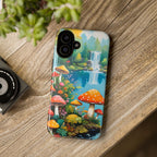 Coque de téléphone champignon avec scène de nature vibrante