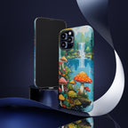 Coque de téléphone champignon avec scène de nature vibrante