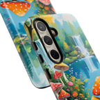 Coque de téléphone champignon avec scène de nature vibrante