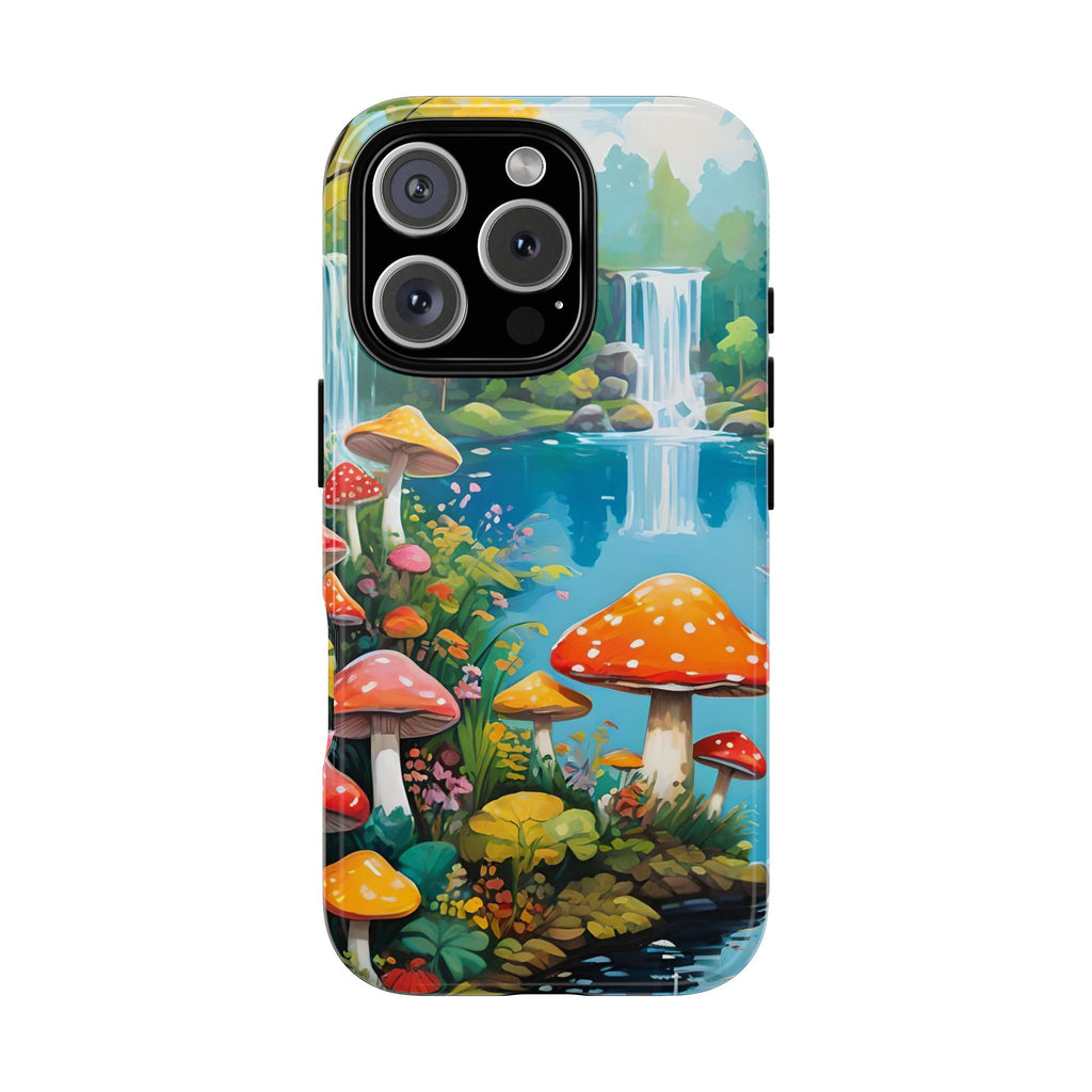 Coque de téléphone champignon avec scène de nature vibrante