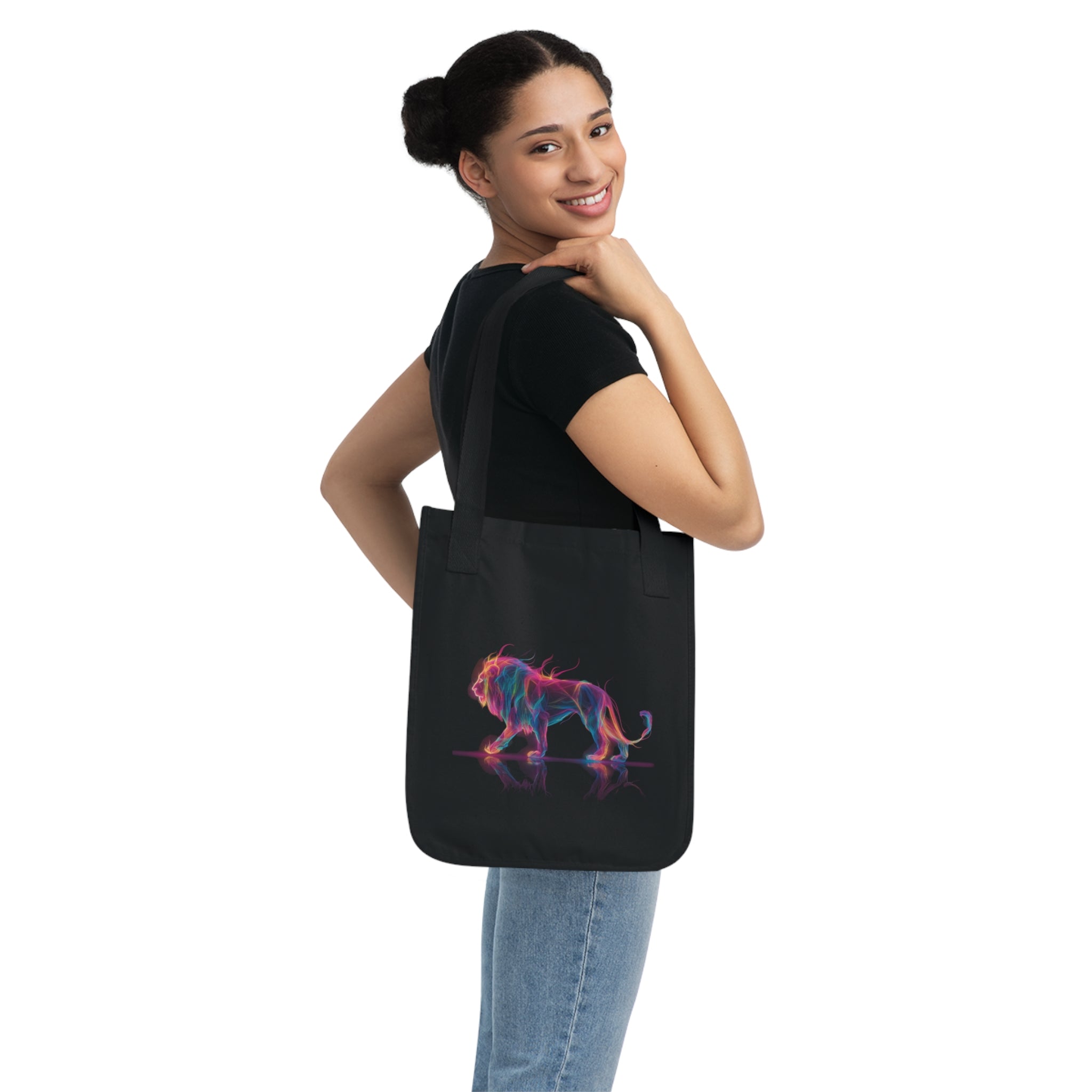 Neon Lion Outline Art Print, Black Canvas Tote Bag