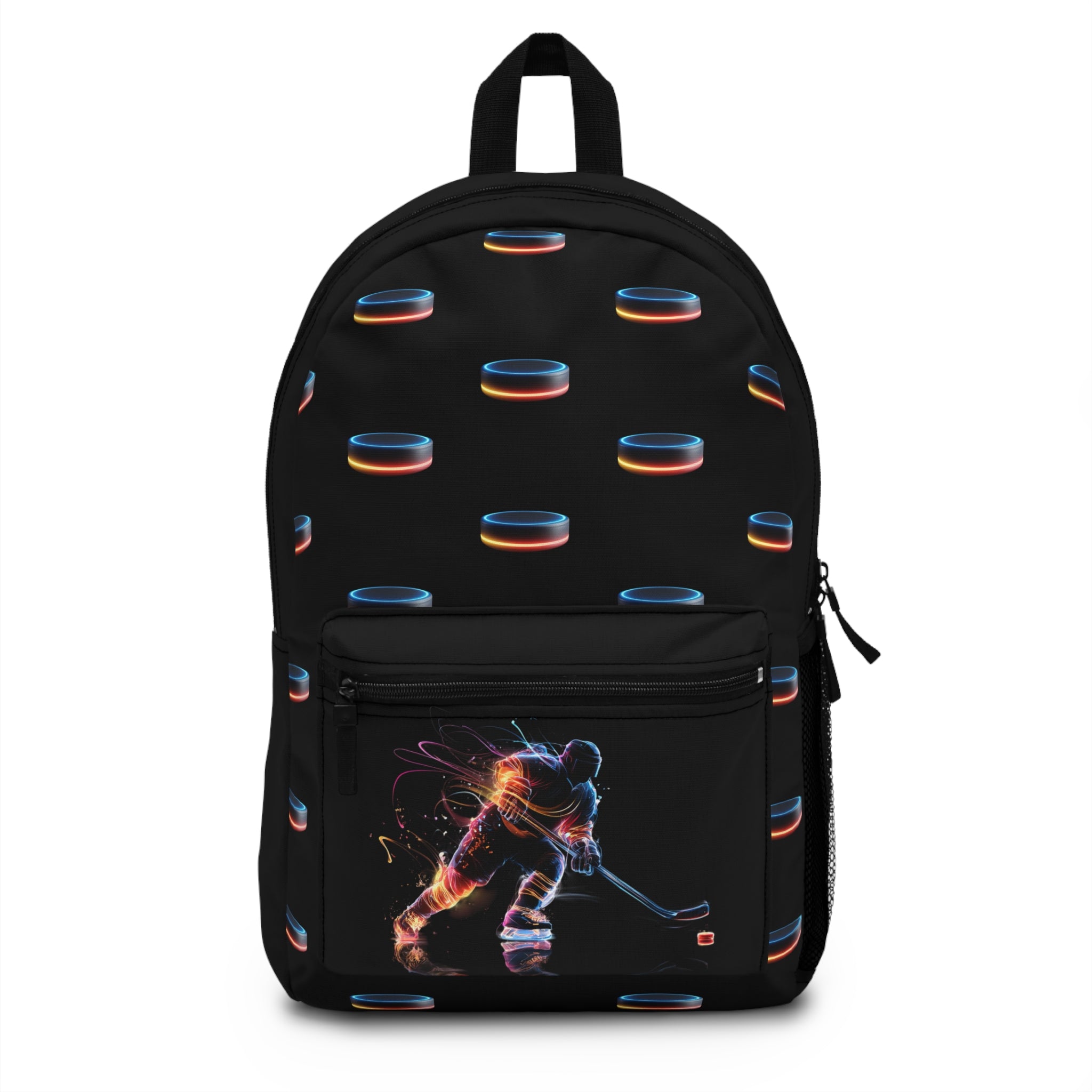 Neon Hockey Player and Puck Print, Black Backpack