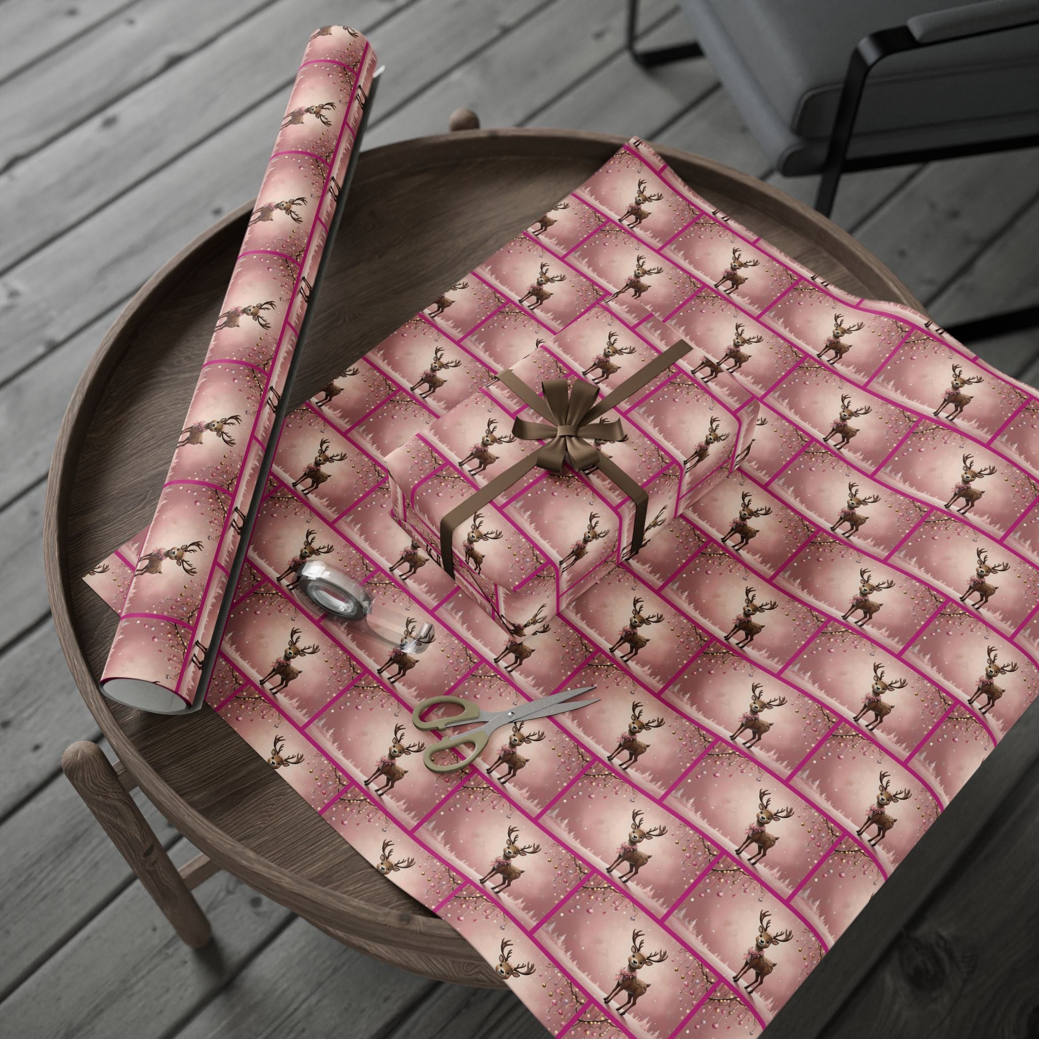Pink Reindeer Holiday Scene, Christmas Gift Wrap Paper