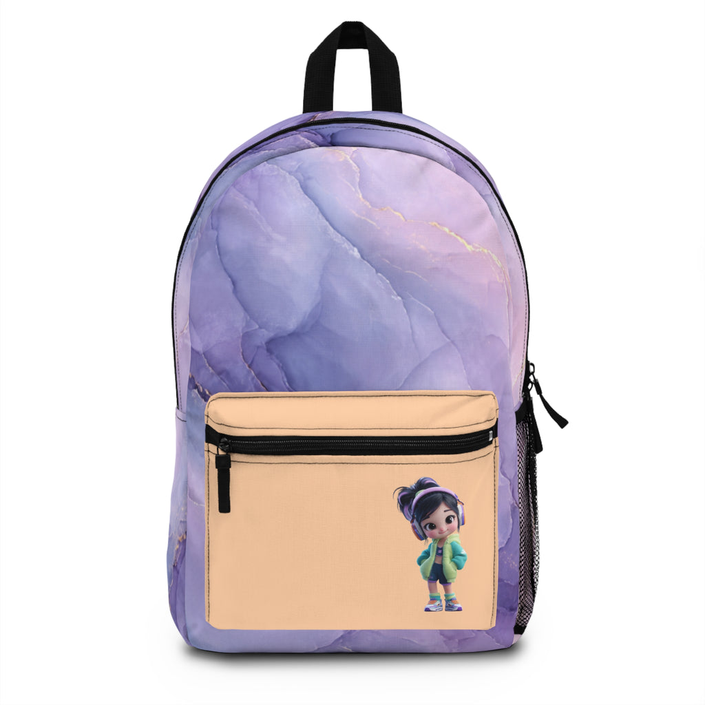 Motif marbré pastel avec personnage mignon, sac à dos