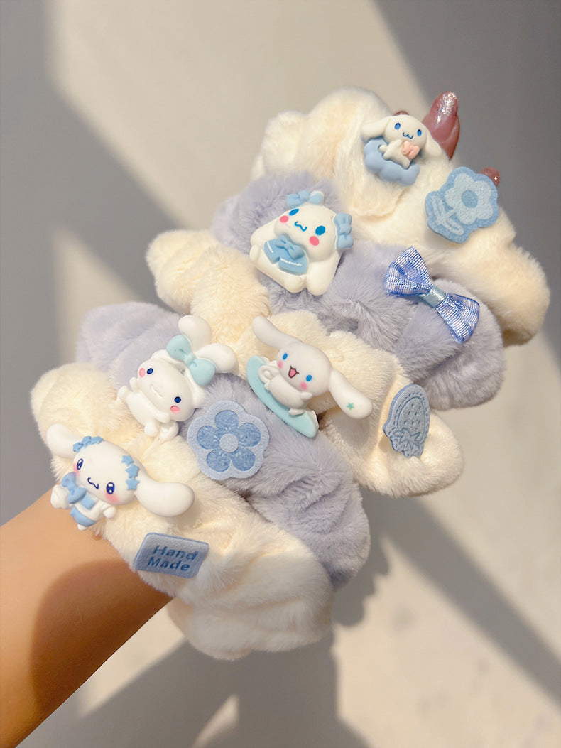 Blue & White Plush Hair Tie-5pcs Set