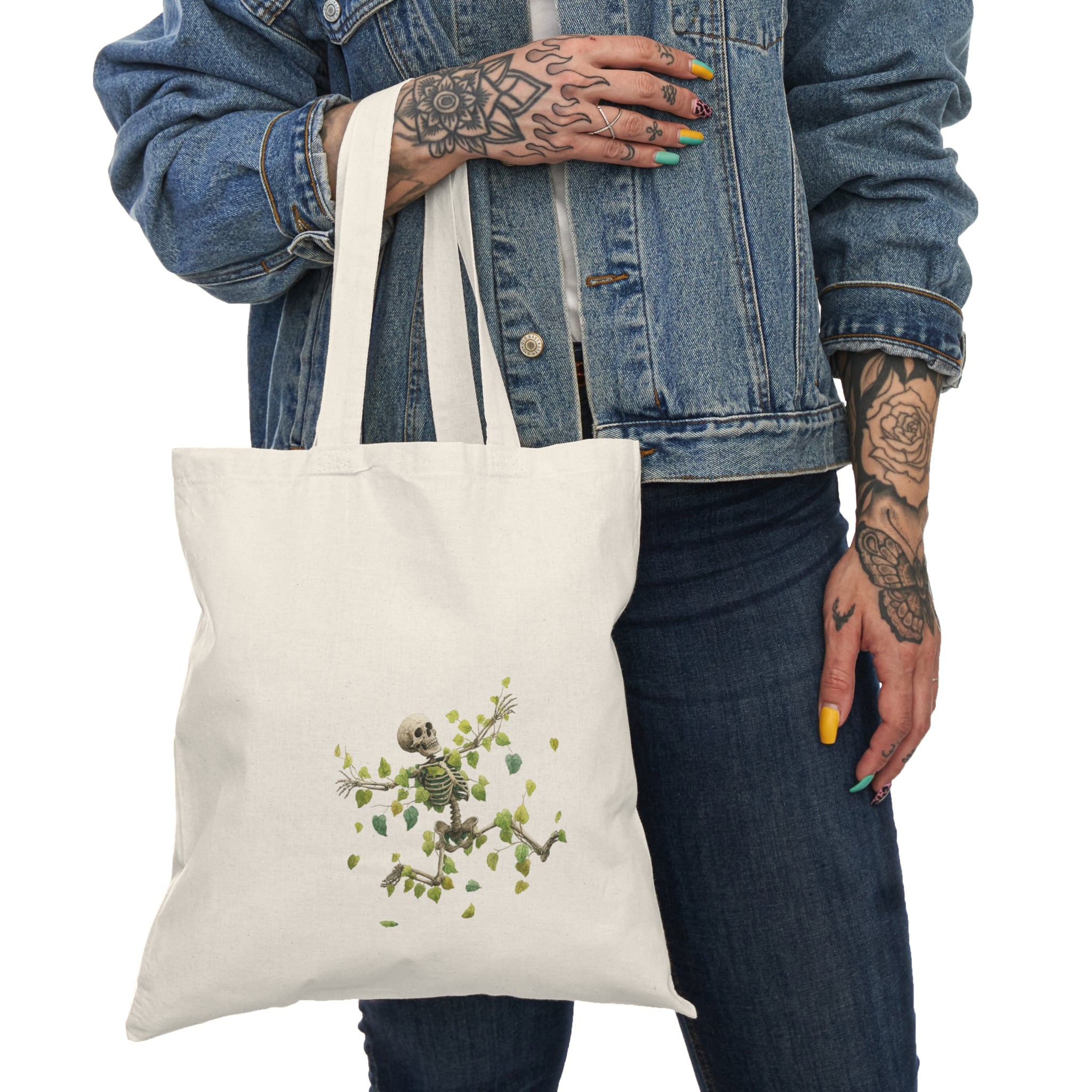 Dancing Skeleton with Leaves Print, Eco-Friendly Tote Bag