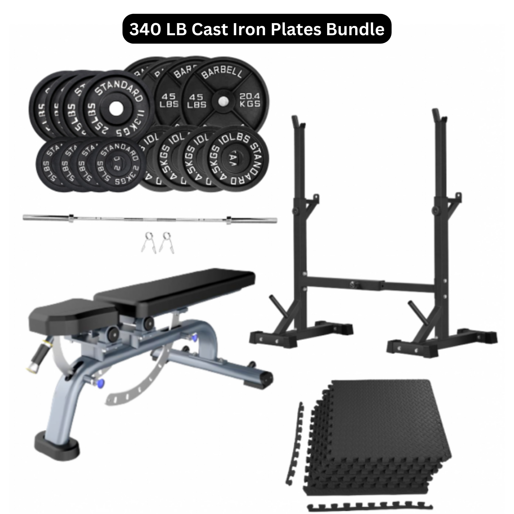 Bench Press Stack with Squat Rack, Weight Plates and Barbell Bar