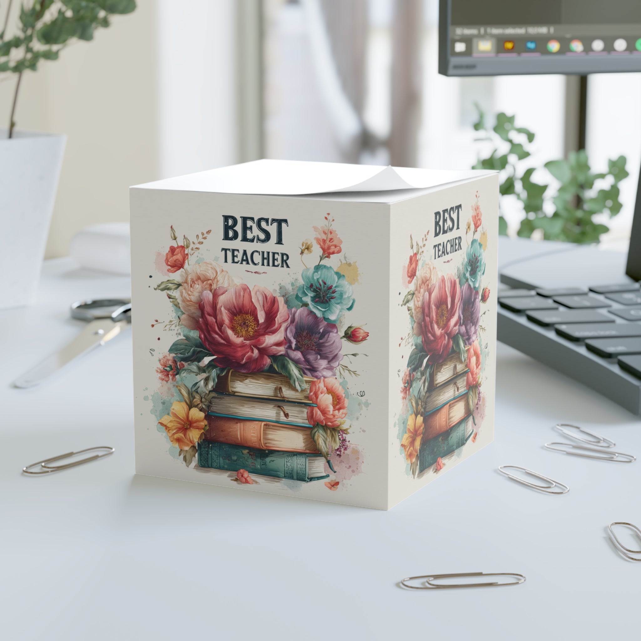 Best Teacher Floral Books Illustration, Notepad Cube