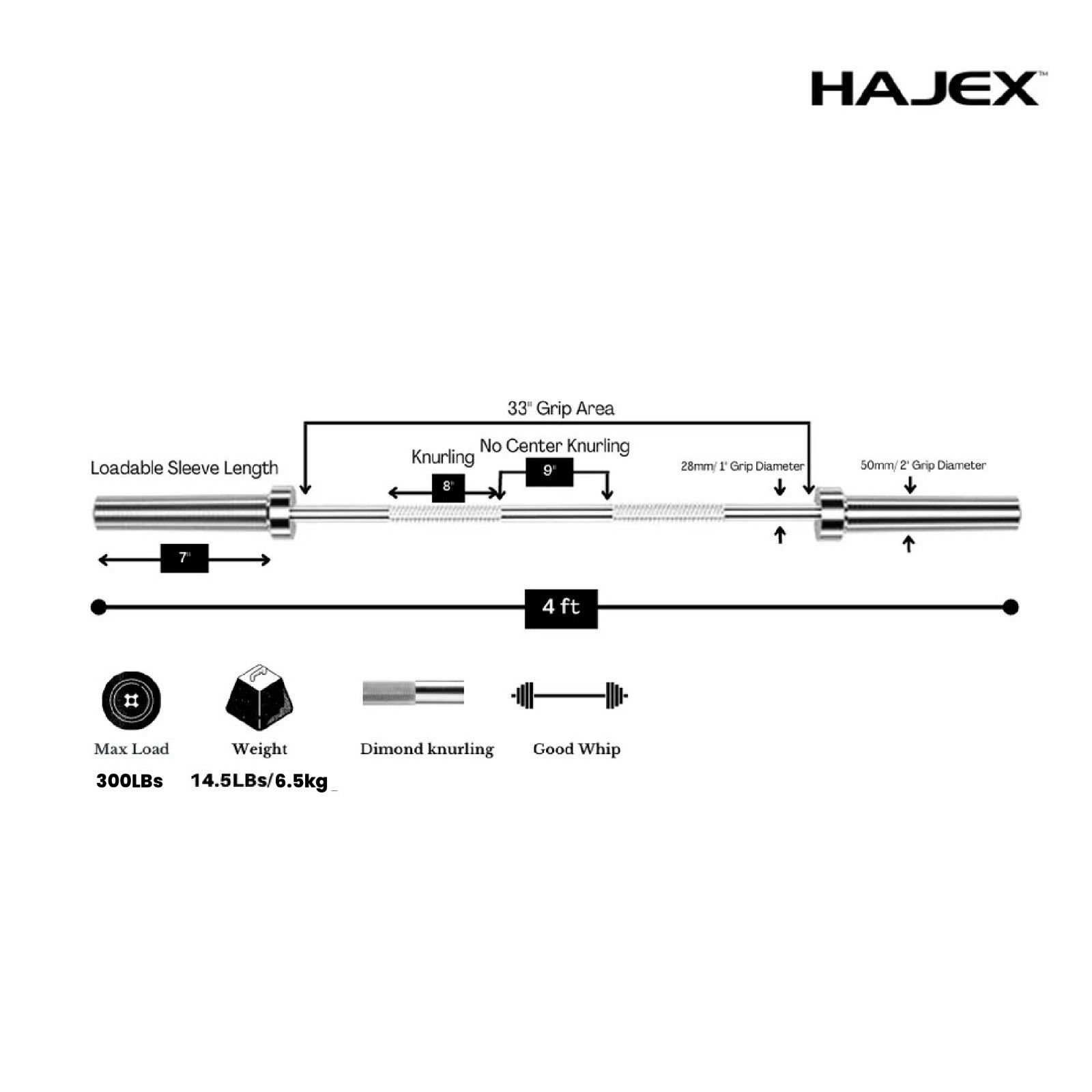 HAJEX Olympic and Standard Barbell Bars 4Ft, 5Ft, 6Ft and 7Ft