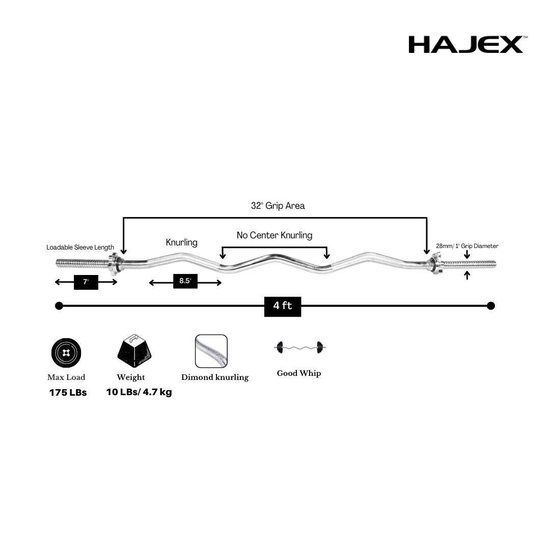 HAJEX Olympic and Standard Barbell Bars 4Ft, 5Ft, 6Ft and 7Ft