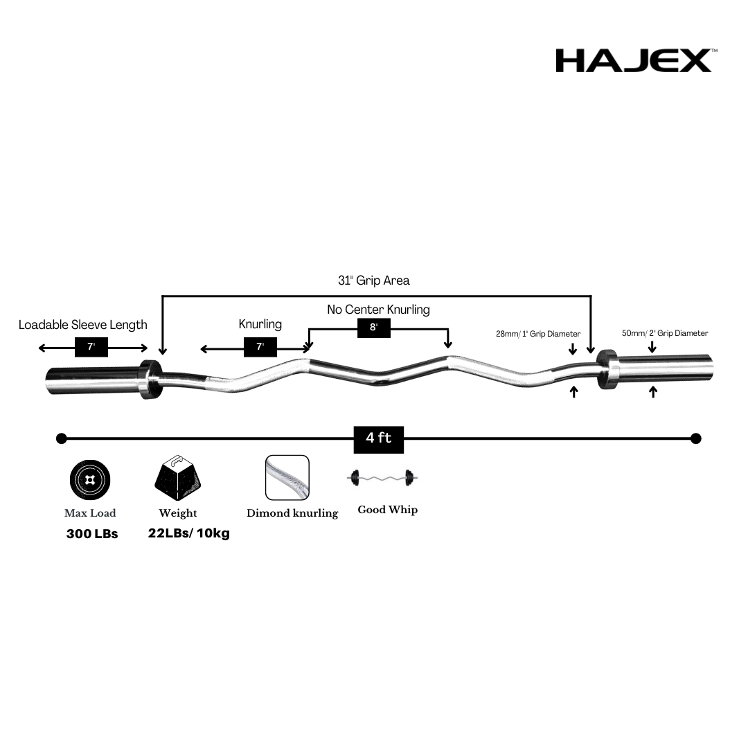 HAJEX Olympic and Standard Barbell Bars 4Ft, 5Ft, 6Ft and 7Ft