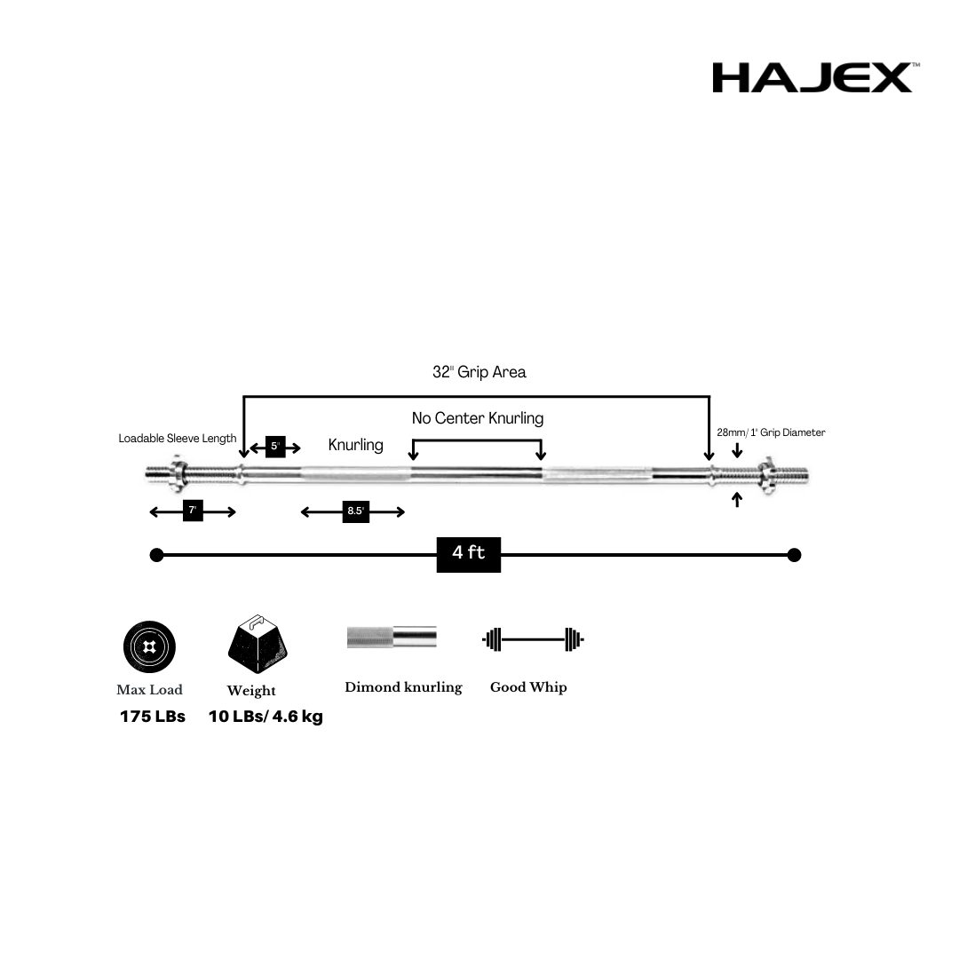 HAJEX Olympic and Standard Barbell Bars 4Ft, 5Ft, 6Ft and 7Ft