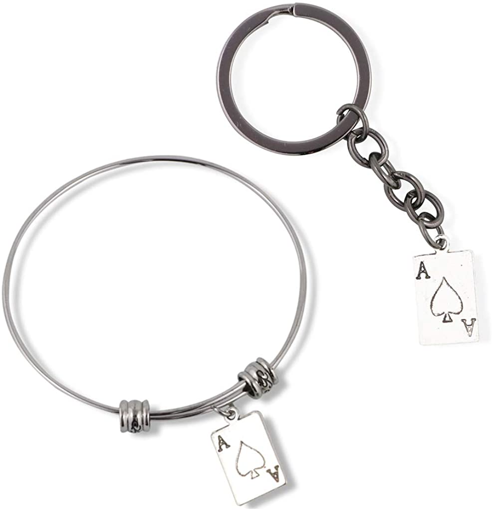 Ace Bracelet | Ace of Spades Bangle Bundled with Keychain Gift for Women Men Jewelry Playing Card Poker and Game Accessories-0