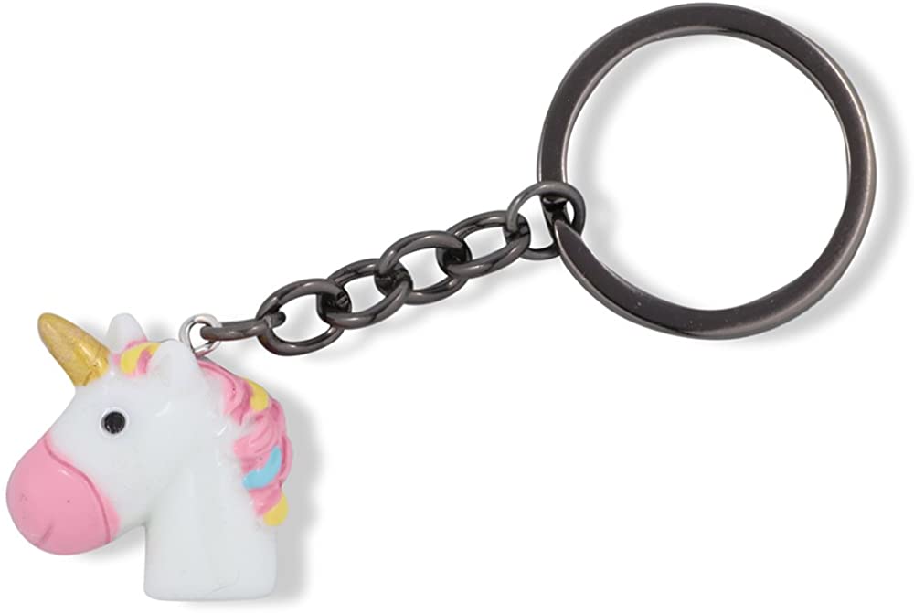 Emerald Park Jewelry 3D White Head Unicorn with Pink Nose Gold Horn Multi Colour Mane Charm Keychain-0