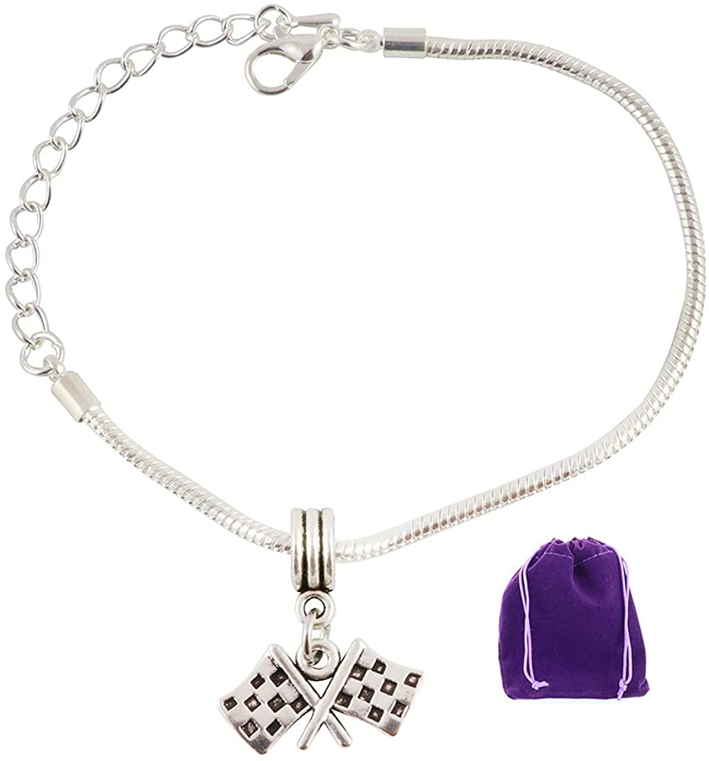 Checkered Racing Flag Snake Chain Charm Bracelet-0