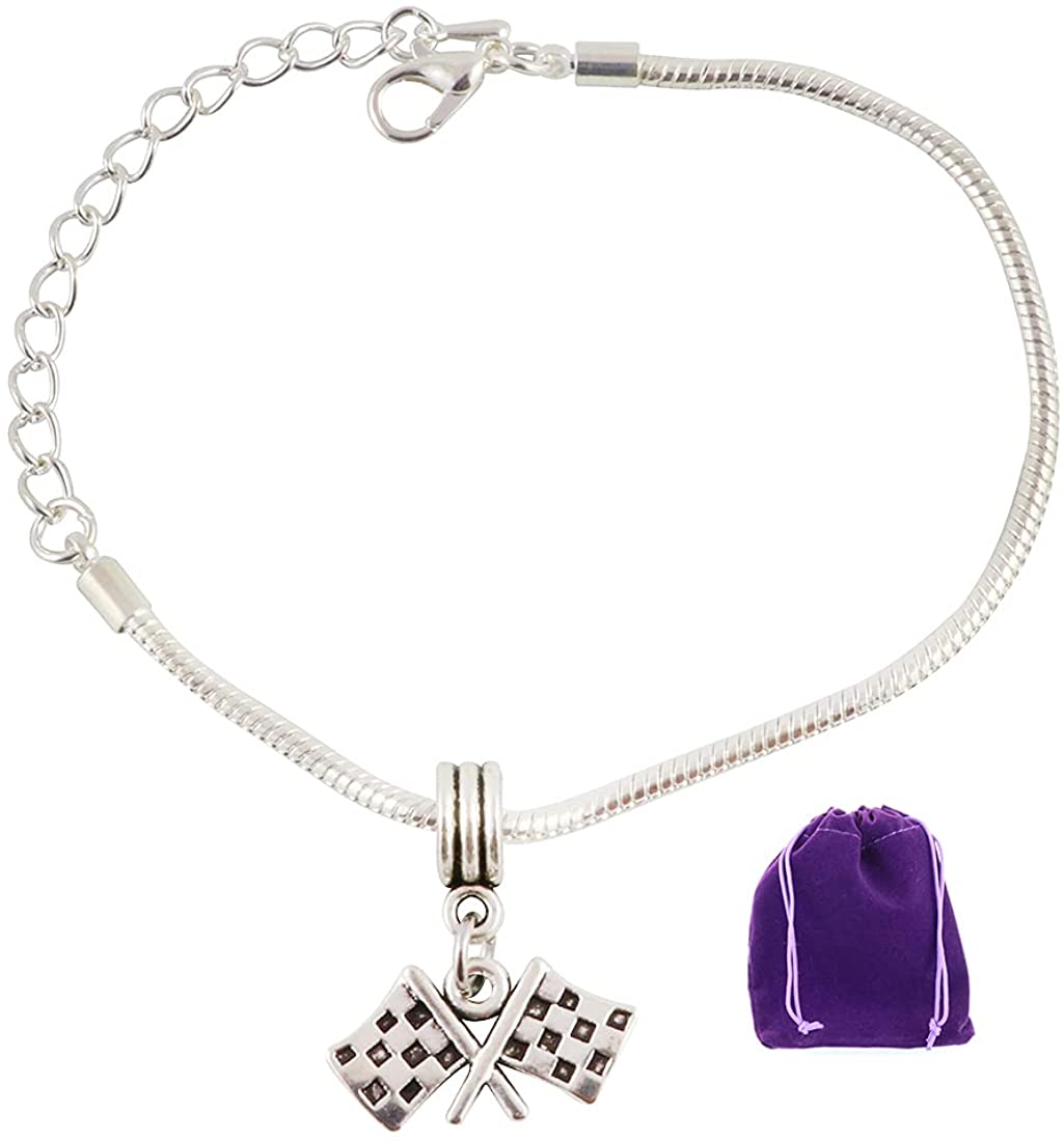Checkered Racing Flag Snake Chain Charm Bracelet-0