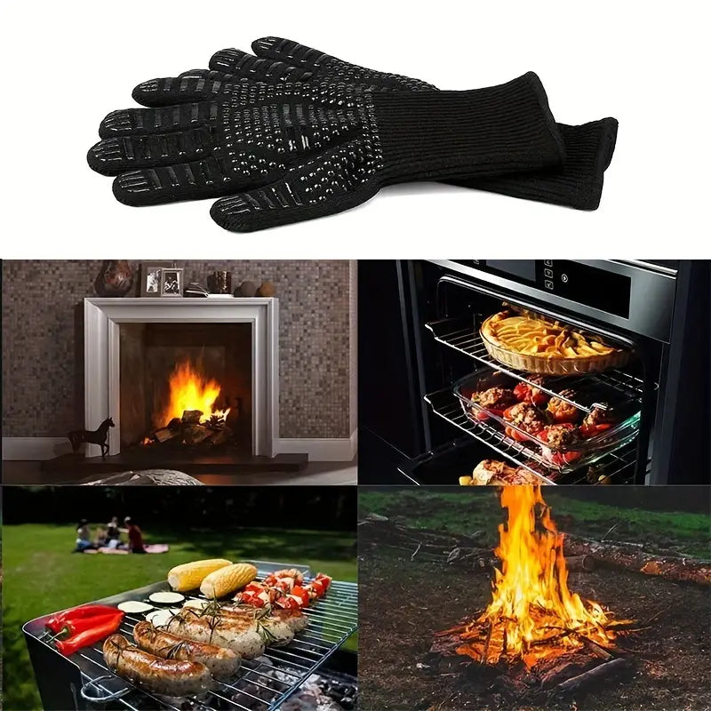 Fireproof Silicone BBQ Gloves - Heat Resistant, Cut-Resistant, Non-Slip (Black)-2
