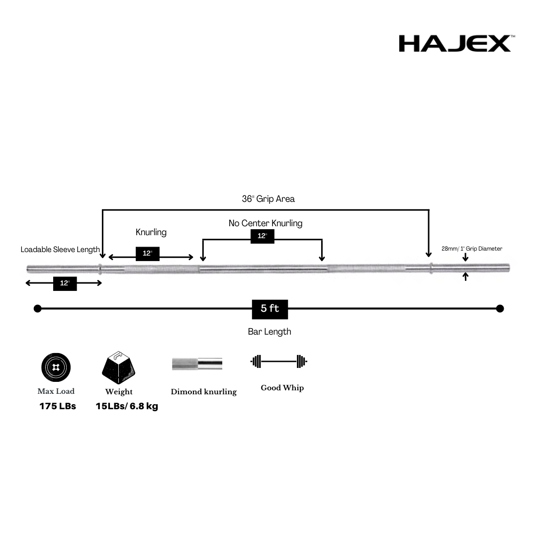HAJEX Olympic and Standard Barbell Bars 4Ft, 5Ft, 6Ft and 7Ft