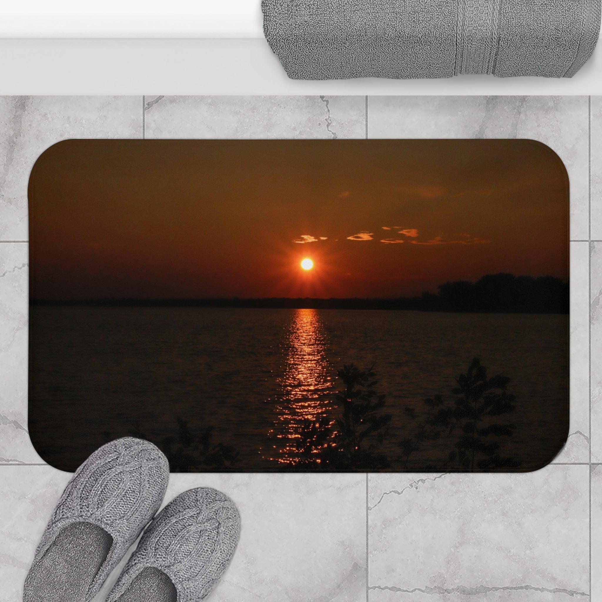 Serene Sunset Over Lake, Bathroom Mat