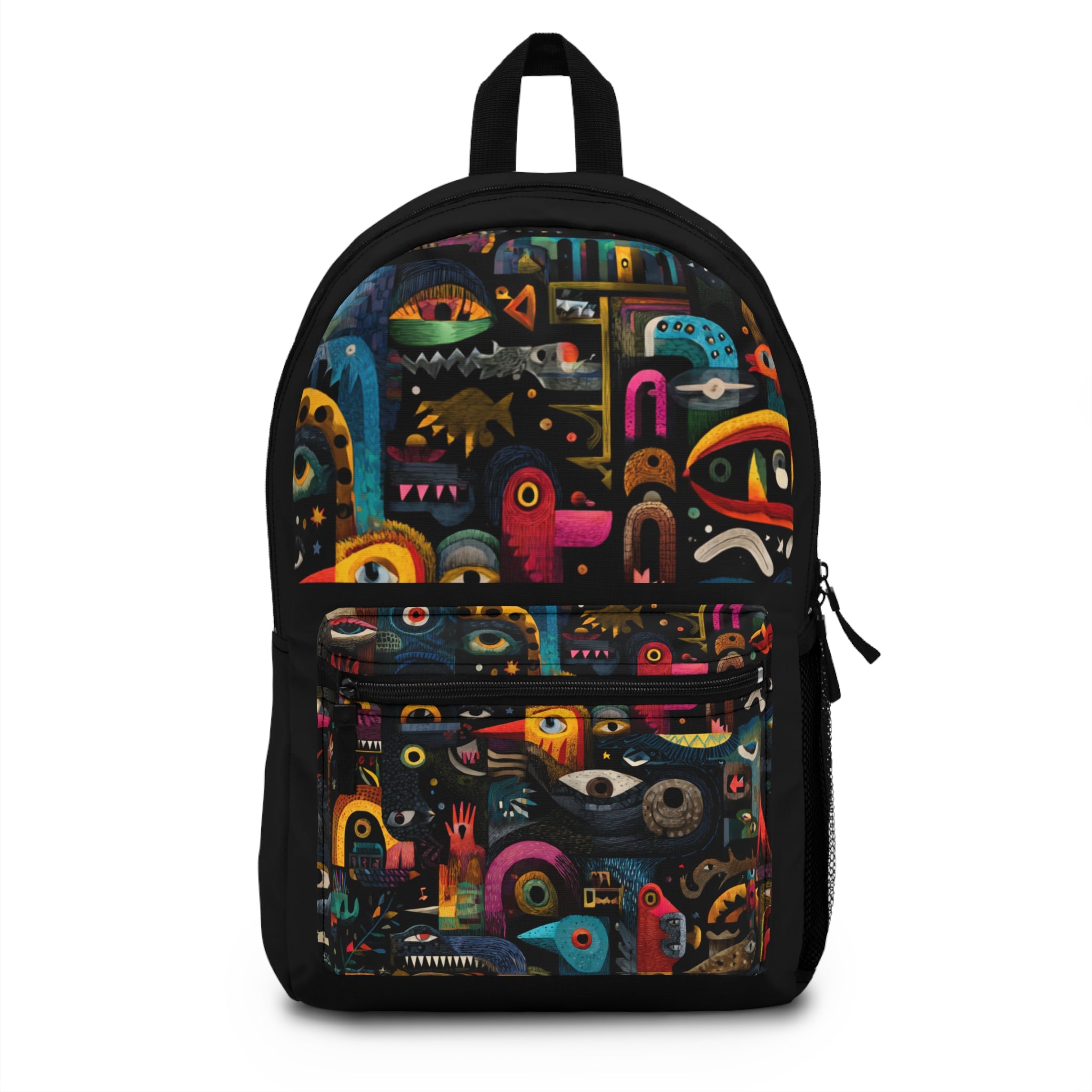 Abstract Monster Faces Pattern, Black Backpack