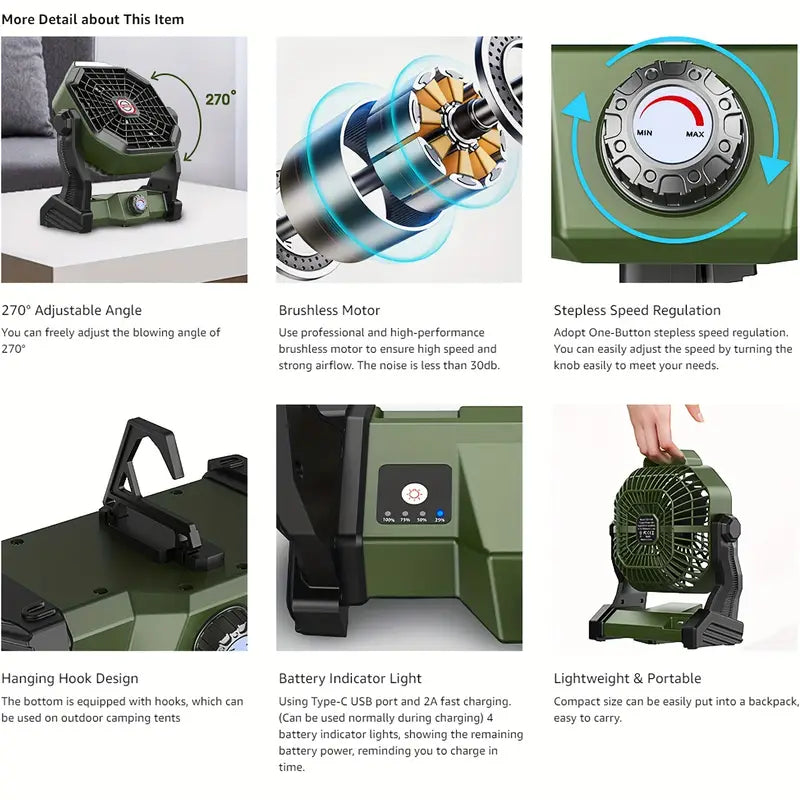 Portable Rechargeable Camping Fan - 7800mAh Battery, Cordless, USB Operated, Wireless, Hanging Hook-4