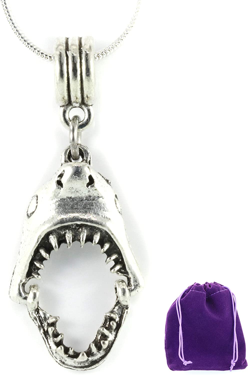 Shark Tooth Necklace | Shark Necklace on a 22 inch Stainless Steel Chain a Shark Jaw Charm on a Shark Tooth Necklace for Men and Women with Moveable Jaw Shark Charm with Shark Teeth for Biting Action-0