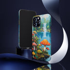 Coque de téléphone champignon avec scène de nature vibrante