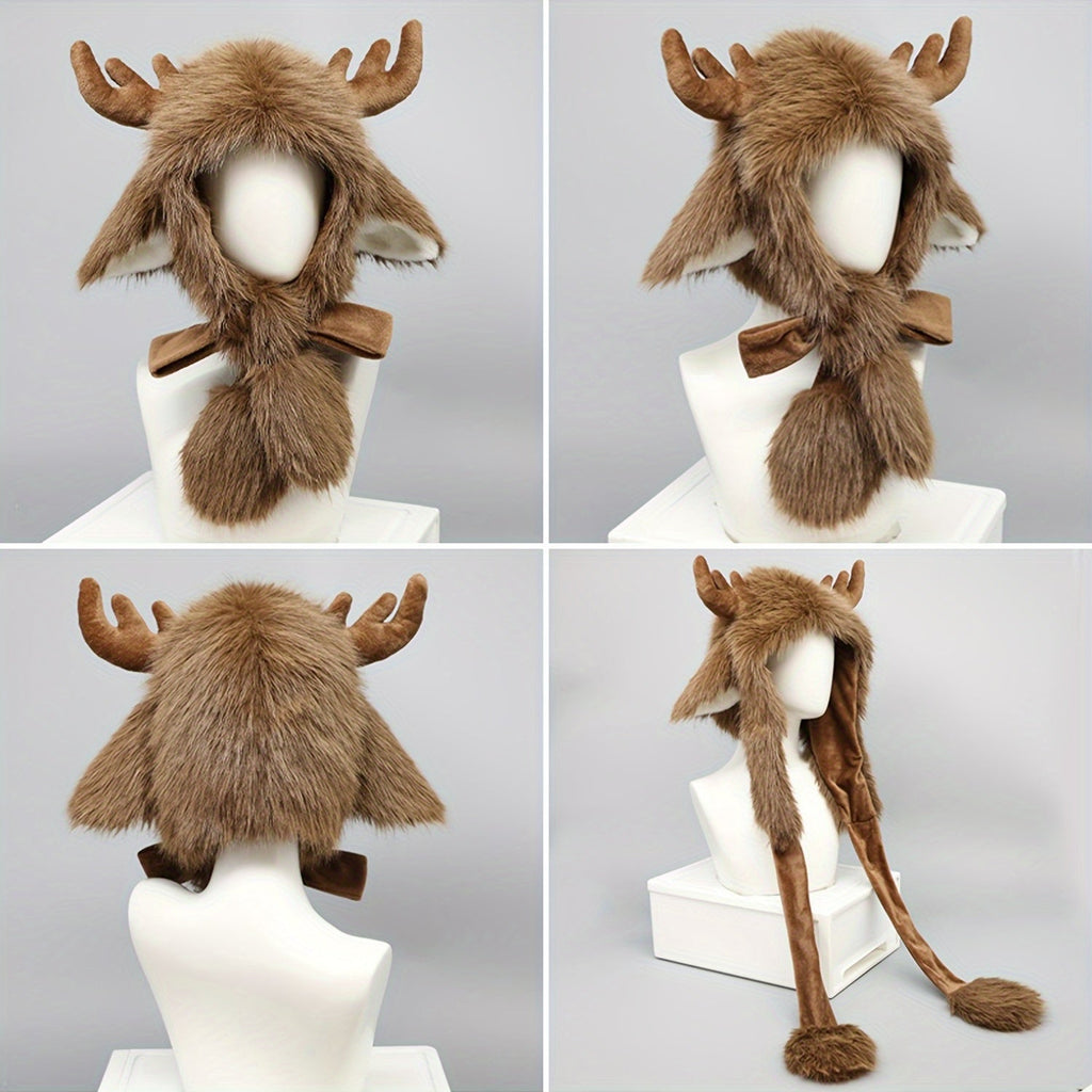 Winter Hat with Warm Moose Antlers Faux Fur-2