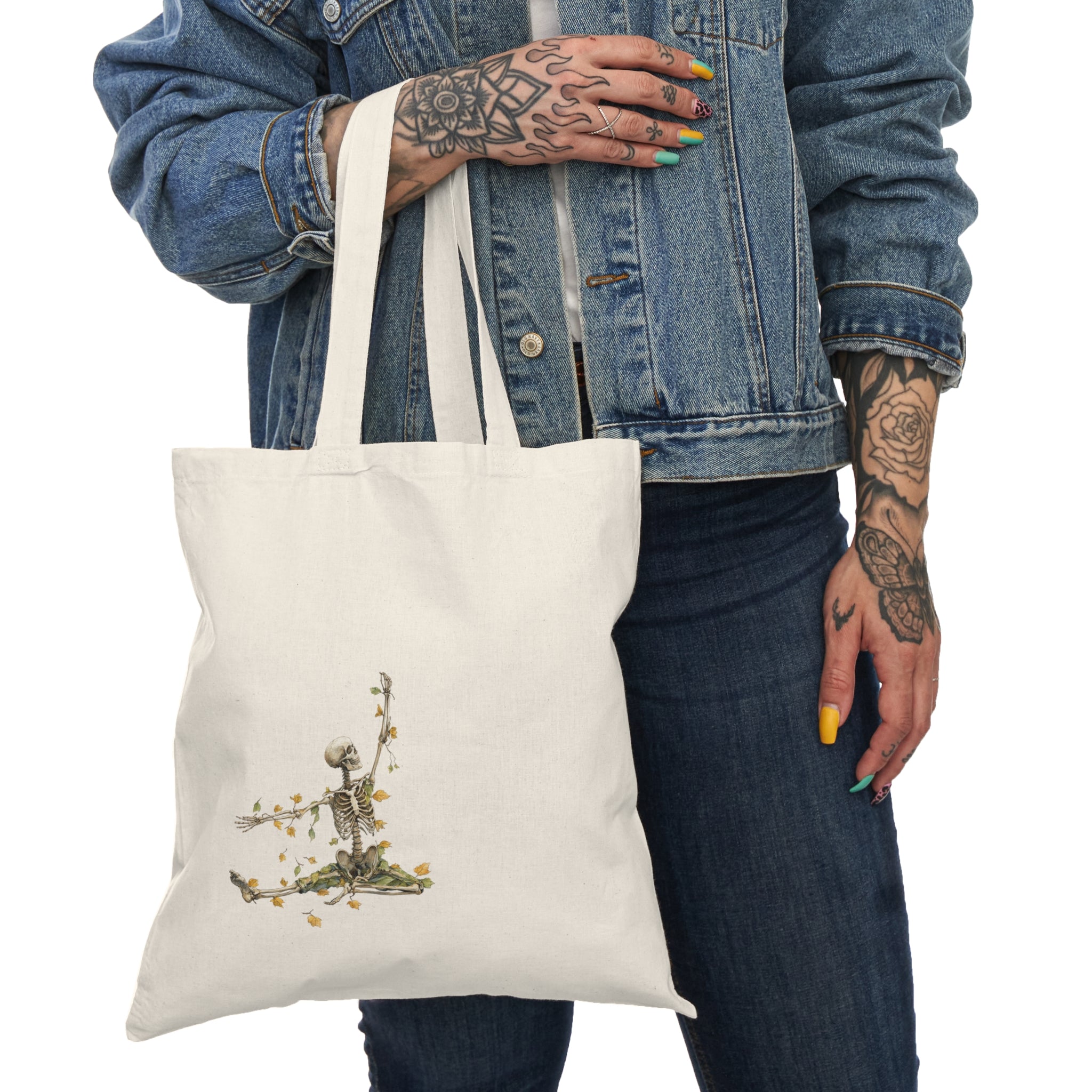 Dancing Skeleton with Leaves Print, Eco-Friendly Tote Bag
