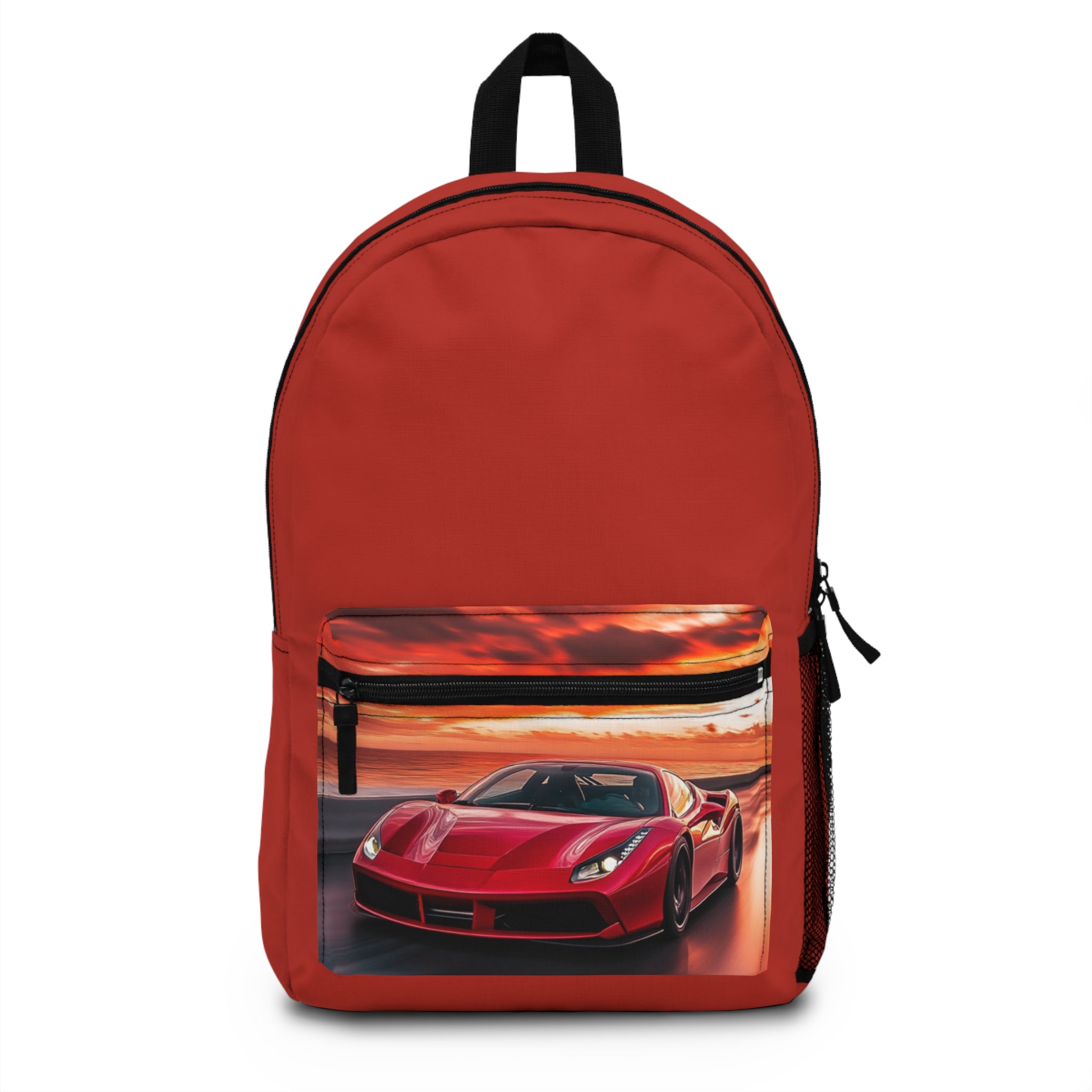Red Sports Car Sunset Drive Print, Red Backpack