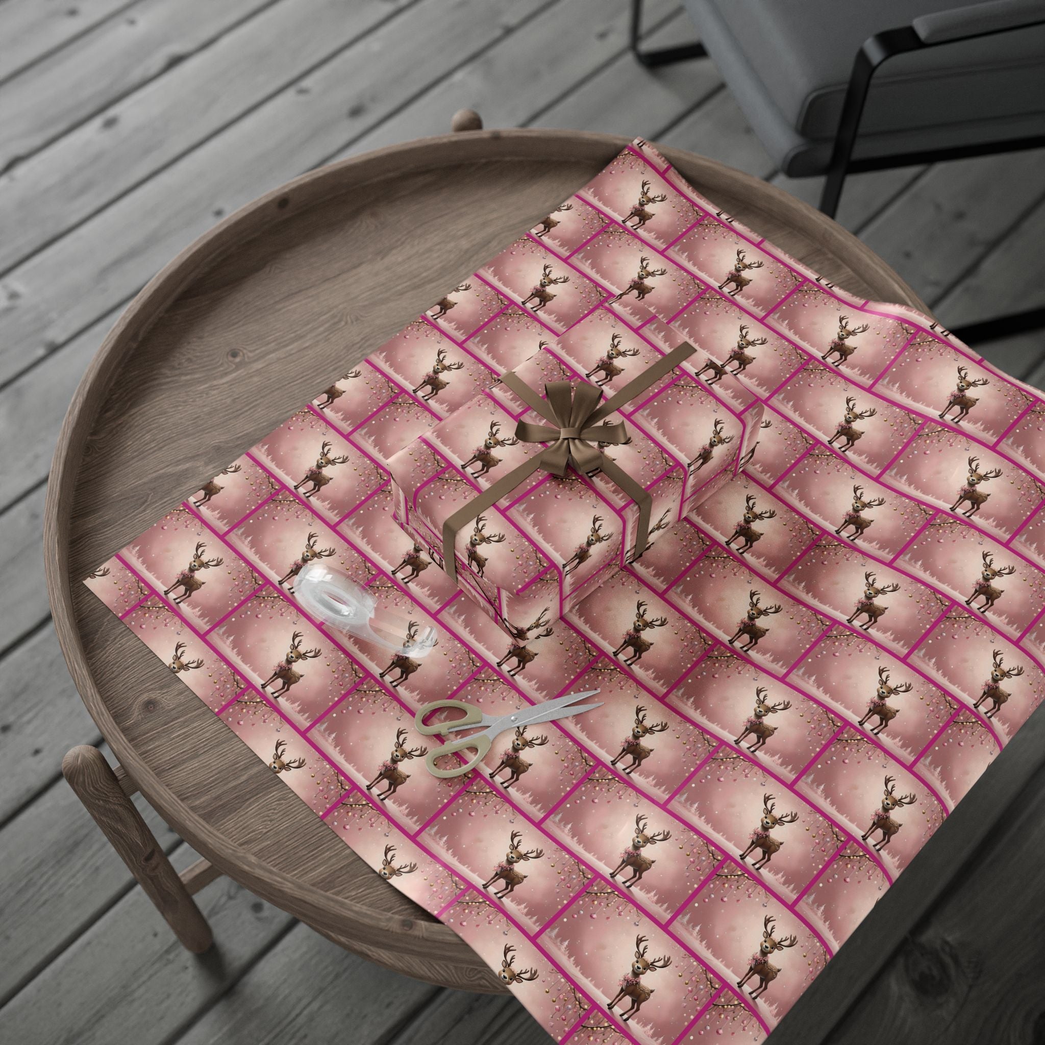 Pink Reindeer Holiday Scene, Christmas Gift Wrap Paper