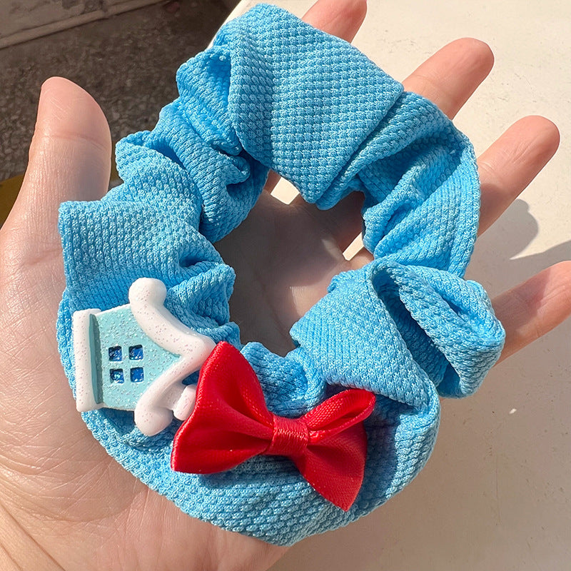 Blue & White Cute Snowman Bow Hair Tie