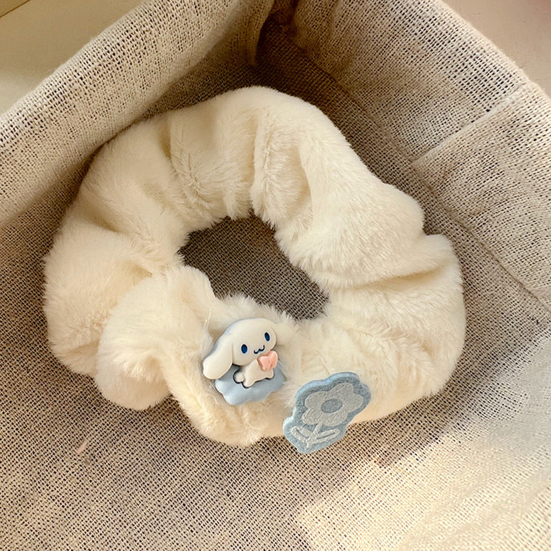 Blue & White Plush Hair Tie-5pcs Set