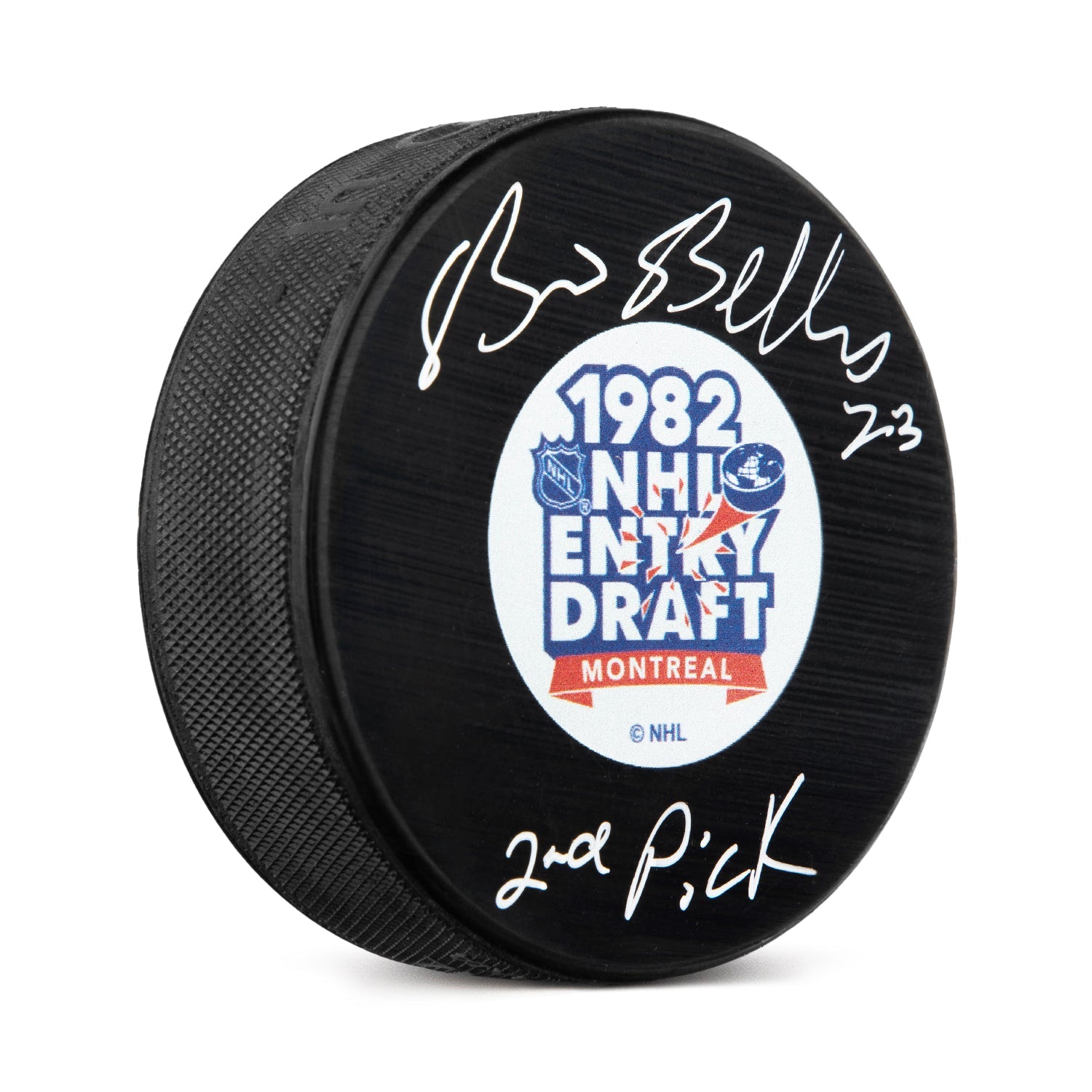 Brian Bellows Signed 1982 NHL Entry Draft Puck with 2nd Pick Note