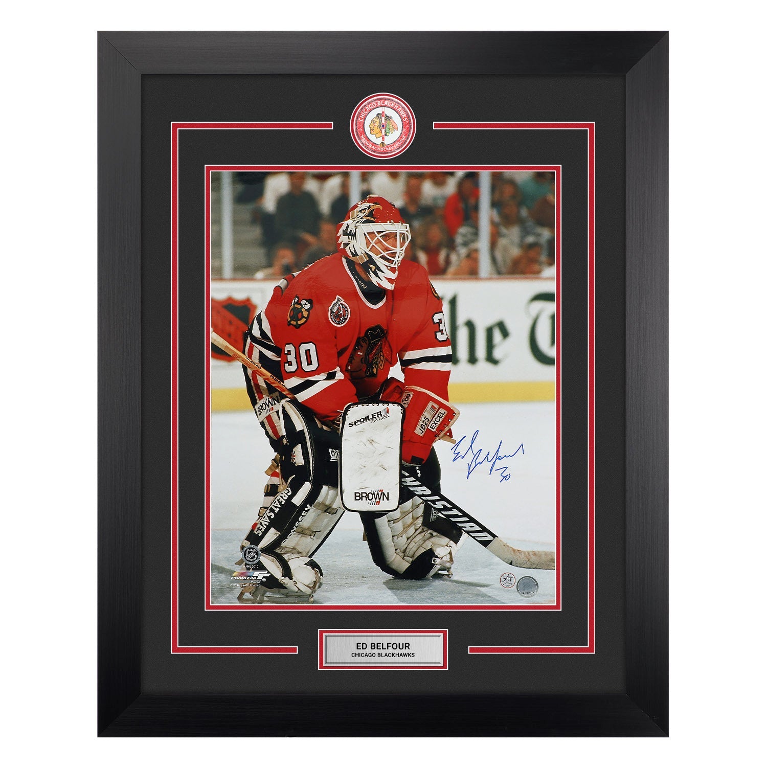 Ed Belfour Signed Chicago Blackhawks Centre Ice Logo 26x32 Frame