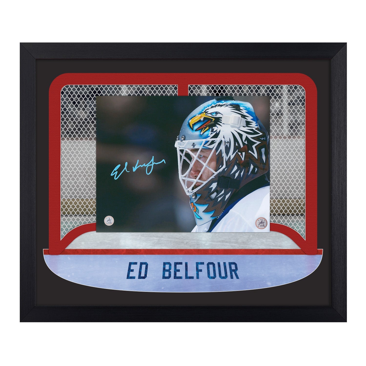 Ed Belfour Autographed Toronto Goalie Mask Between The Pipes 23x27 Frame