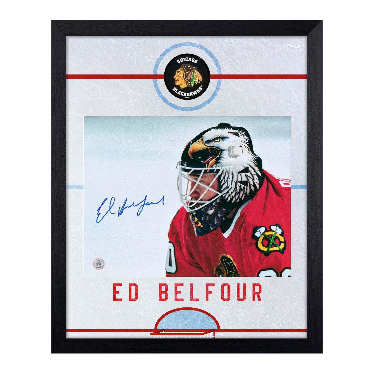 Ed Belfour Autographed Chicago Blackhawks Graphic Rink 19x23 Frame