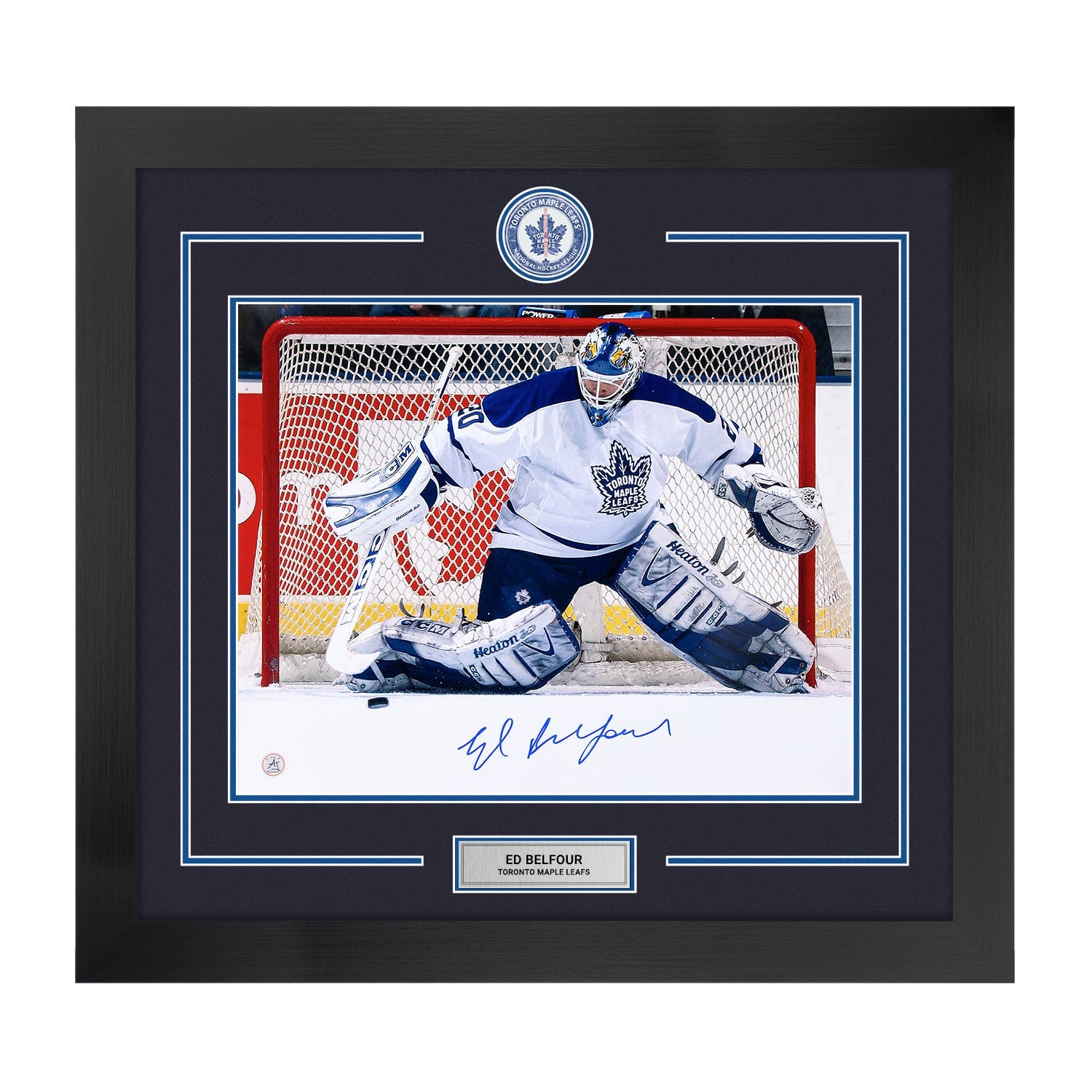 Ed Belfour Autographed Toronto Maple Leafs Centre Ice Logo 28x30 Frame
