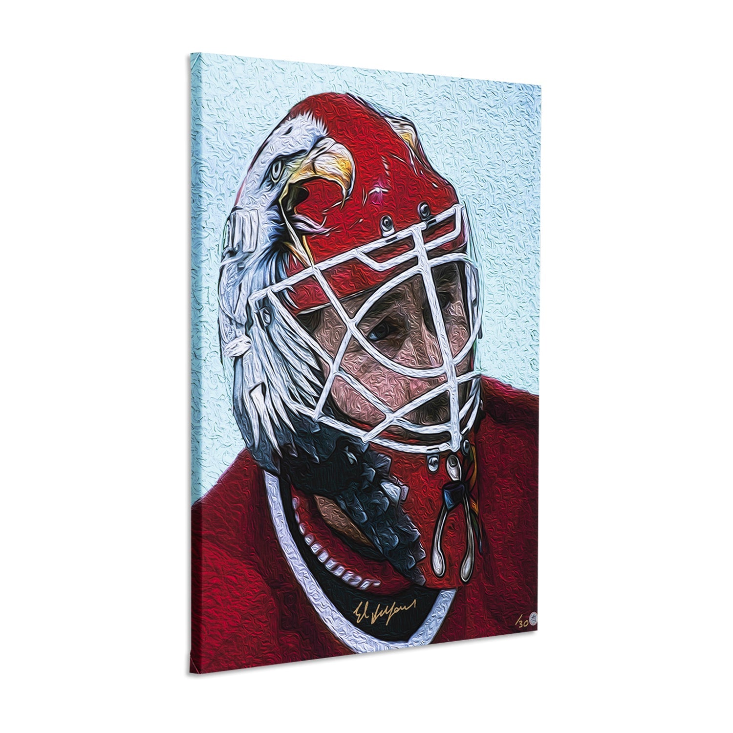 Ed Belfour Autographed Chicago Eagle Mask Portrait 26x32 Art Canvas #/30