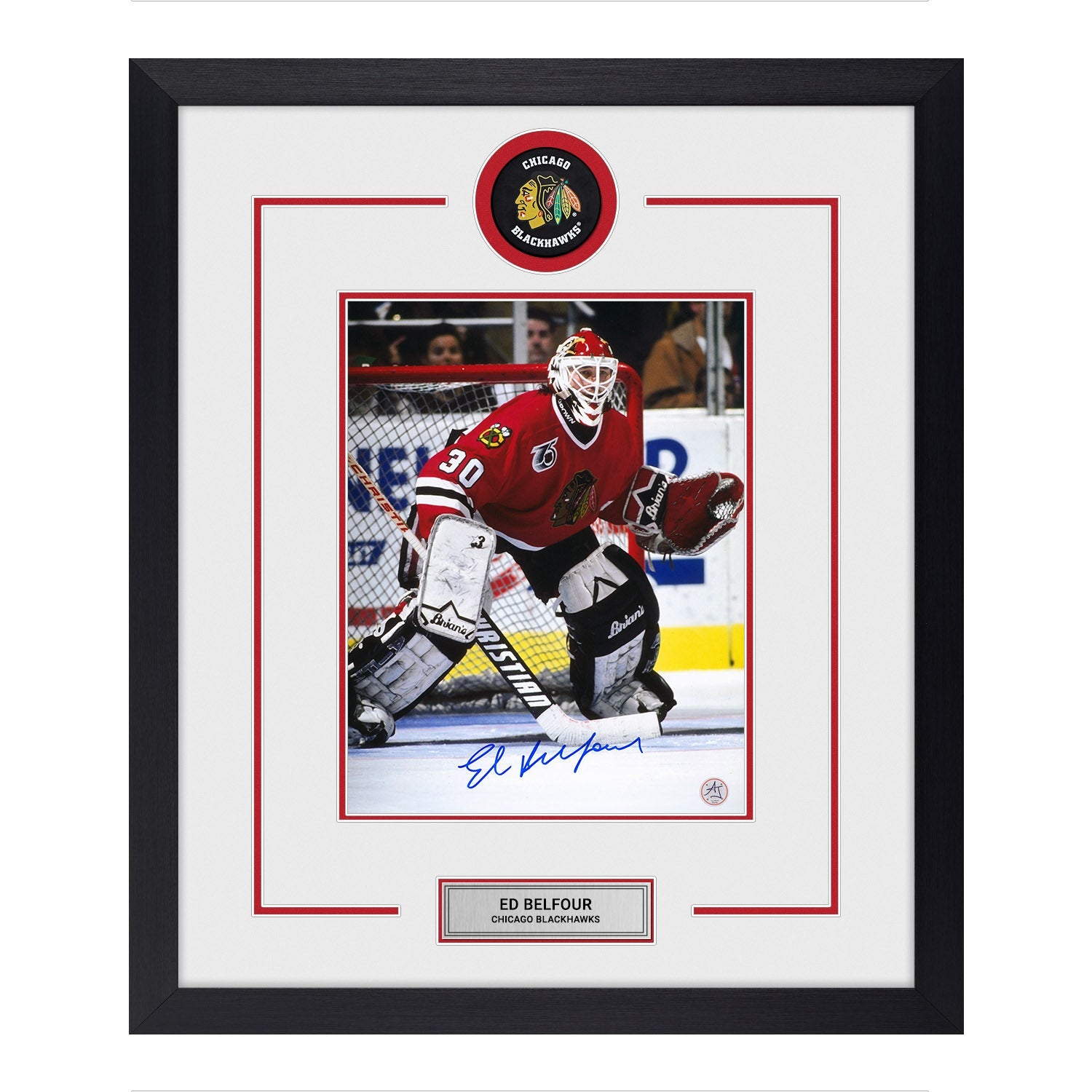 Ed Belfour Autographed Chicago Blackhawks Puck Logo 23x27 Frame