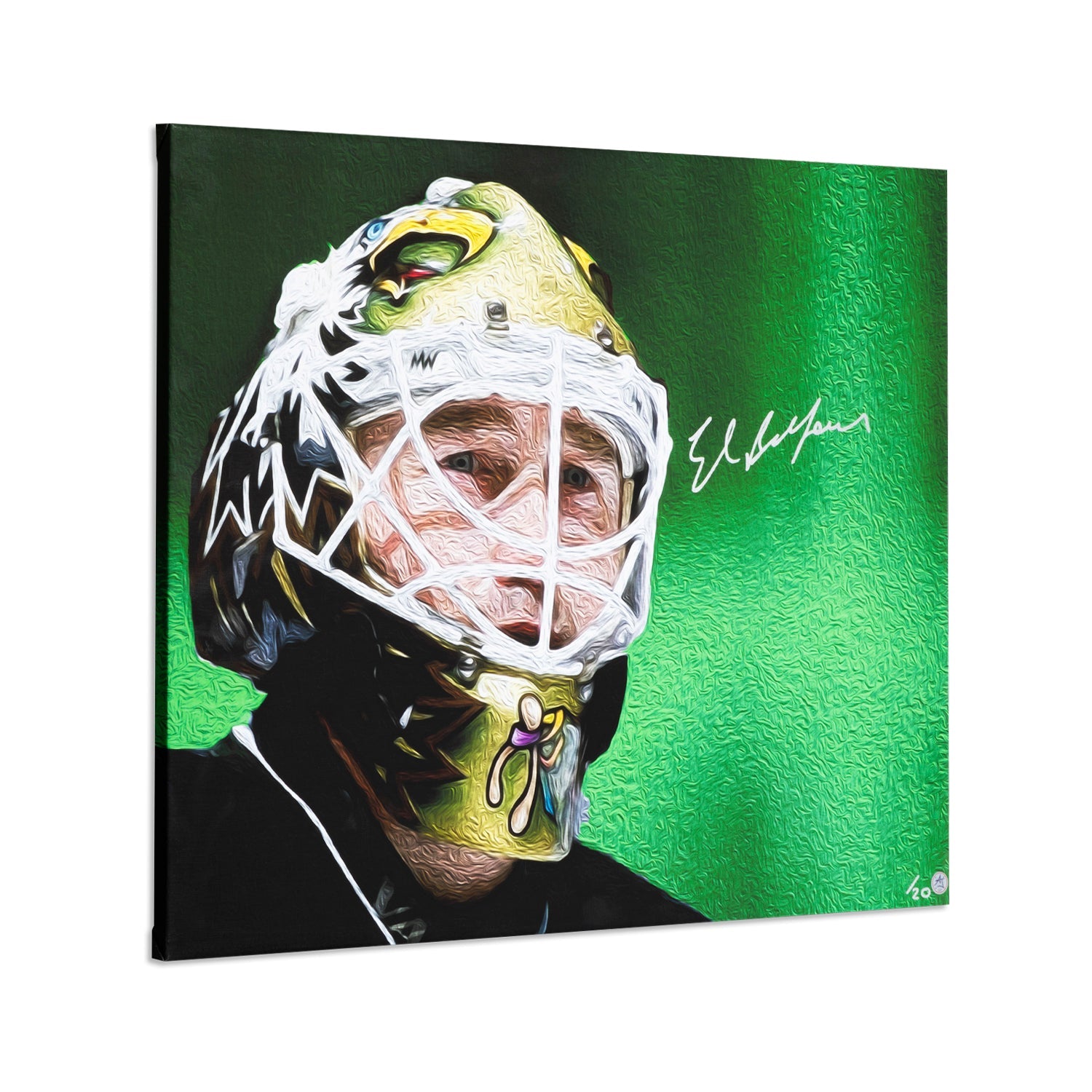 Ed Belfour Autographed Dallas Eagle Mask Profile 26x32 Art Canvas #/20