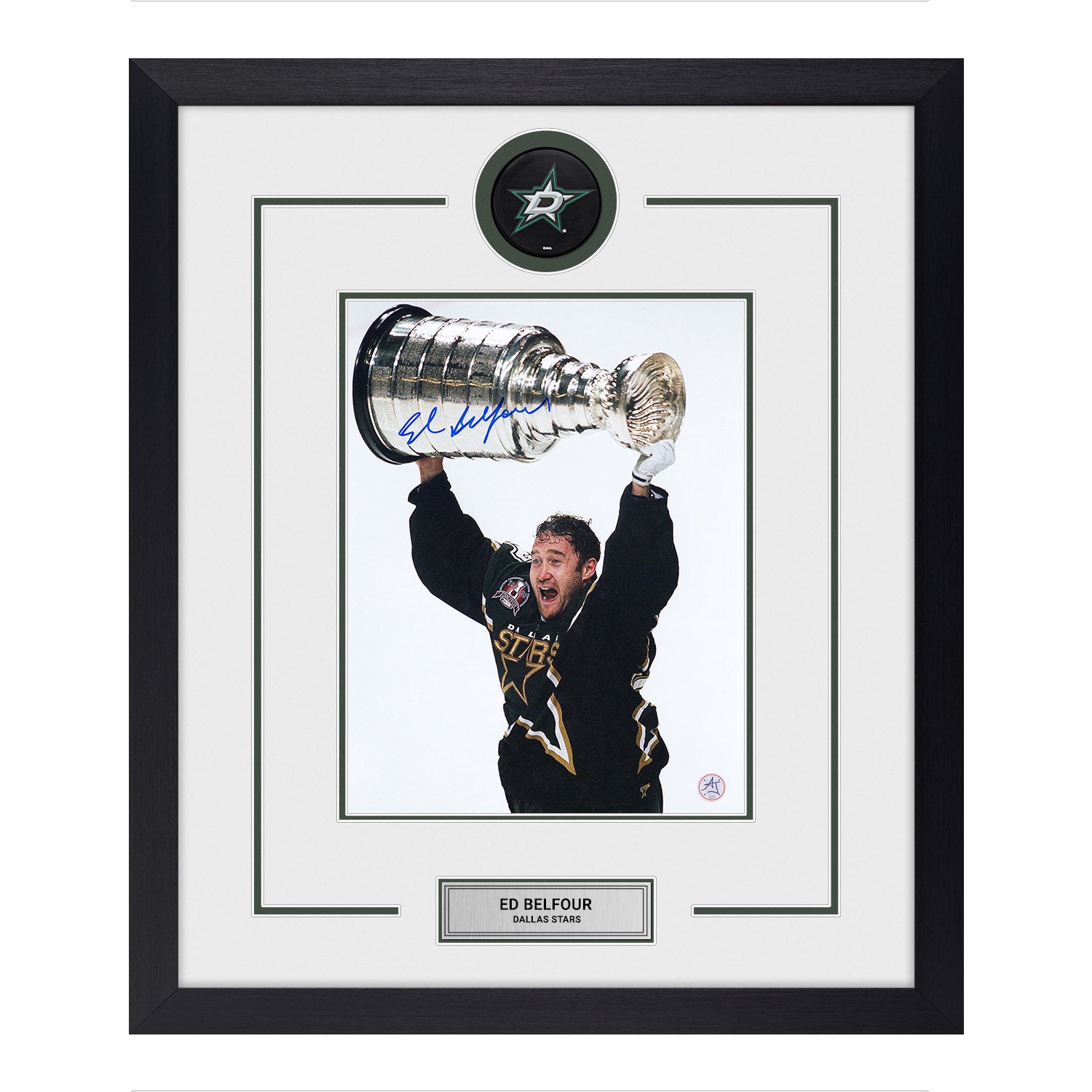 Ed Belfour Autographed Dallas Stars Puck Logo 23x27 Frame